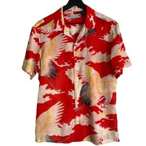 All SAINTS Men's Miyake SS Crane Print Red Cotton Camp Shirt Size S